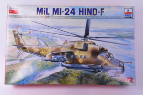 Model kit box art showing a Mil Mi-24 Hind-F attack helicopter in flight for IDEA