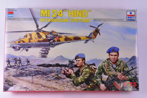 Mi-24 Hind attack helicopter with two soldiers in a desert setting for IDEA 9076