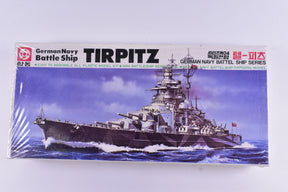 German Navy Battleship Tirpitz model kit box art showing the ship at sea for Trumpeter Model. Co 500