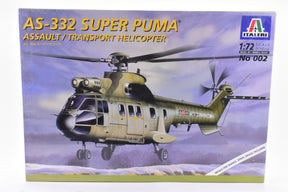 Model kit box art: AS-332 Super Puma helicopter on a blue sky for Italeri 002