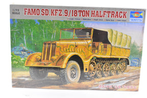 Yellow 1/72 scale model kit of a German 18-ton halftrack vehicle for Trumpeter 07203
