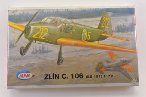 Model kit box art showing a Zlín C.106 aircraft in flight for MPM Model Kits