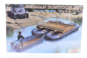 German pontoon set diorama featuring a tank, boat, and floating pontoons on water for Dragon