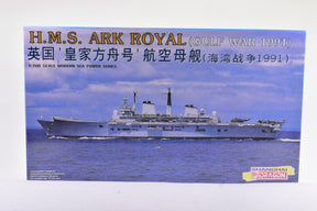 Model kit box art showing H.M.S. Ark Royal aircraft carrier from the Gulf War for Dragon 7030