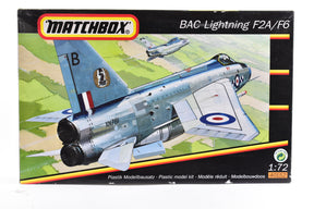 Model kit box art: Blue BAC Lightning jet on green field for Matchbox