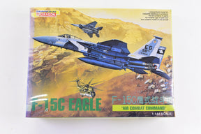 Model kit box art featuring an F-15C Eagle jet fighter in a desert landscape for Dragon F-15C Eagle 1/144 Scale