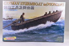 Model kit box art: German Sturmboat with pioneers on rough seas for Dragon 6108