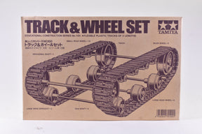 Toy set box showing flexible plastic tracks and wheels for model building for Tamiya 70100
