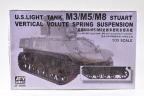 Model kit box art showing U.S. light tank M3/M5/M8 with vertical volute suspension for AFV Club AF35056