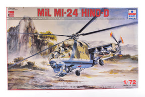 Model kit box art: Mi-24 Hind-D attack helicopter in action for ESCI