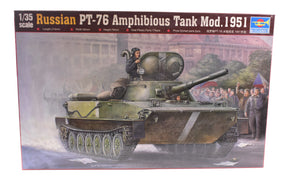 Scale model kit box art featuring a Russian PT-76 amphibious tank for Trumpeter 00379