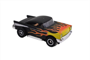 Black 1957 Bel Air slot car with yellow and red flame detailing for PTT/BB/AW 25000, front view