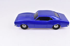 Blue 1965 Chevy Camaro slot car, viewed from the side for Eldon 1356-15-2