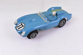 Light blue 1/32 scale model of a 1957 Ferrari Testa Rossa slot car for Strombecker, front view