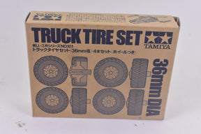 Tire set box showing various truck tire designs and dimensions for Tamiya Truck Tire Set 6mm DIA