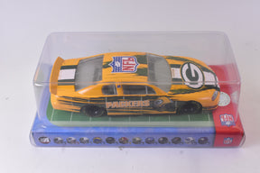 Yellow and green Packers football car in clear display case for Action 32614