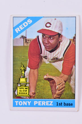 Tony Perez in a Reds uniform, holding a glove, with a Topps All-Star Rookie award for TAH Collection Topps 72