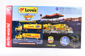 Slot car set featuring Loves trucks for cross-country racing action for Auto World CP8159