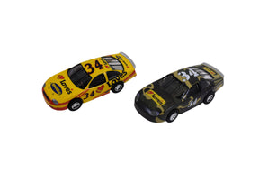 Two slot car stock cars, one yellow and one black, featuring the number 34 for Auto World CP8160C
