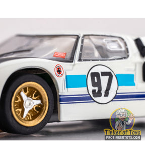 White race car toy with black and blue accents, displaying the number 97 for AFX/Racemasters 22058