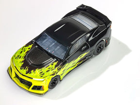 Black and lime green flame detailed slot car of a Camaro ZL1 for AFX/Racemasters 22060