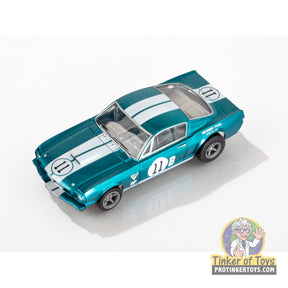 Blue and white 1965 Shelby GT350R slot car toy for AFX/Racemasters 22071, front view