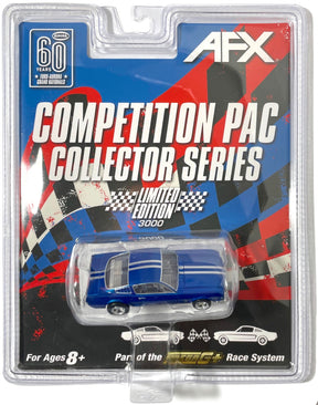 Blue 1966 Ford Mustang Fastback slot car toy in blister card packaging for AFX/Racemasters 22086
