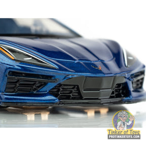 Blue Corvette C8 model, front view, showing detailed grille and headlight area for AFX/Racemasters 22094