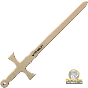 Wooden white knight sword toy, labeled "WHITE KNIGHT." for Magnum Rubber Band Guns 004WHTKNGHT