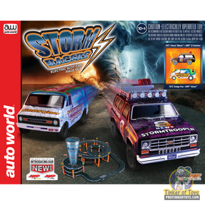 Slot car race set featuring Storm Racers vehicles and track pieces for Auto World SRS362