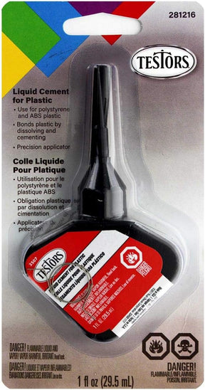 Black plastic cement bottle with precision applicator tip for Testors TES281216