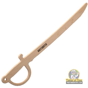 Wooden pirate sword for play, featuring a curved hilt and "Buccaneer" engraving for Magnum Rubber Band Guns 003BCCNR