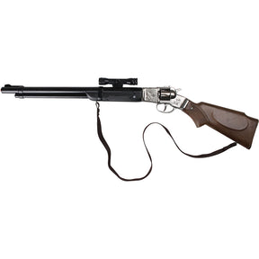 Black replica rifle with scope and brown stock, featuring a attached black cord for Gonher 3104/0