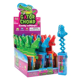 Gator Chomp candy lollipops and display box with green and blue gator designs for Nassau Candy 31617