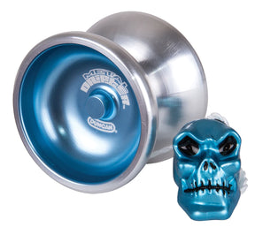 Blue and silver yo-yo with matching skull accessory for Duncan 3574XP