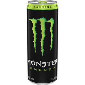 Black energy drink can with neon green "M" graphic for Coca-Cola 410660