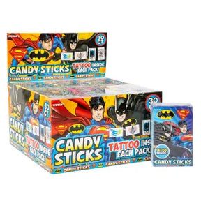 Batman and Superman tattoo candy sticks in a box set for Nassau Candy 42631