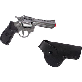 Toy cap gun with black holster, chrome finish, replica firearm accessory for Gonher 433/0