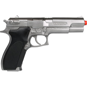 Silver semi-automatic pistol with black grip, styled like a police sidearm for Gonher 45/0