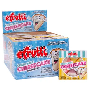 Box and bags of eFrutti Crispy Base Cheesecake gummy candy for Nassau Candy 47956
