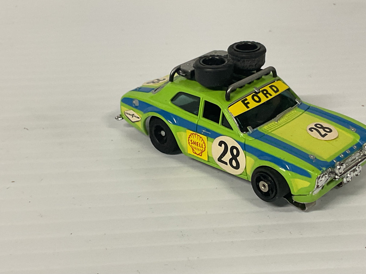 Aurora AFX G-plus Rallye Ford Escort Lime/blue #28 w/stickers  | 1736 | Aurora - AFX