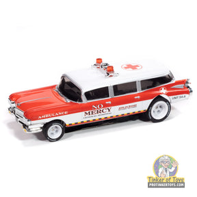 Red and white 1959 Cadillac ambulance toy car for Auto World SC414