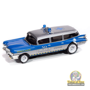 Silver and blue 1959 Cadillac ambulance toy car for Auto World SC414