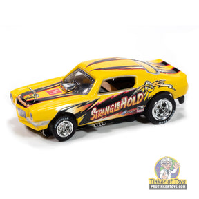 Yellow 1970 Chevy Camaro toy car with "Strangehold" graphics for Auto World SC421