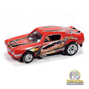 Red 1970 Chevy Camaro toy car with "Strangehold" graphics for Auto World SC421