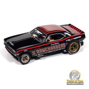 Black 1970 Dodge Challenger Ramcharger toy car with red stripes for Auto World SC413
