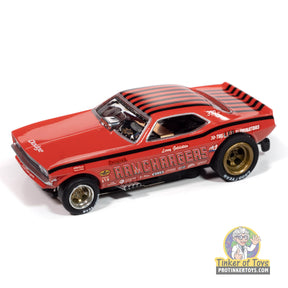 Red slot car toy car, 1970 Dodge Challenger Ramcharger model for Auto World SC413