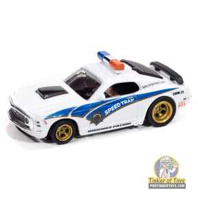White and blue 1970 Ford Mustang toy car with "SPEED TRAP" lettering for Auto World SC414