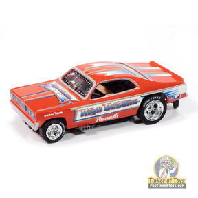 Red 1972 Plymouth Duster slot car toy car with white racing stripes for Auto World SC421