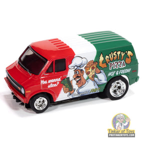 Red, white, and green pizza delivery van toy car for Auto World SC414